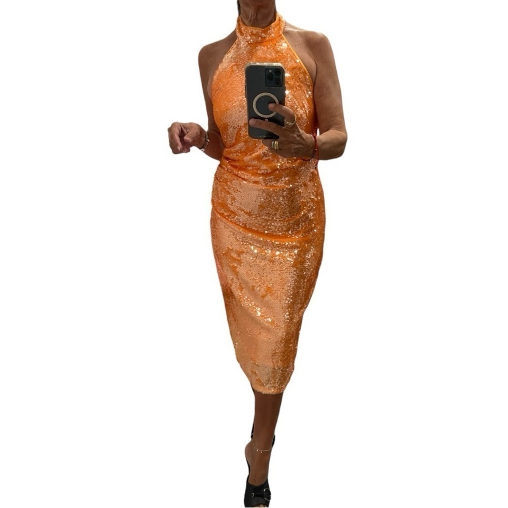Caroline Constas Orange Sequins Halter Midi Dress.Size S